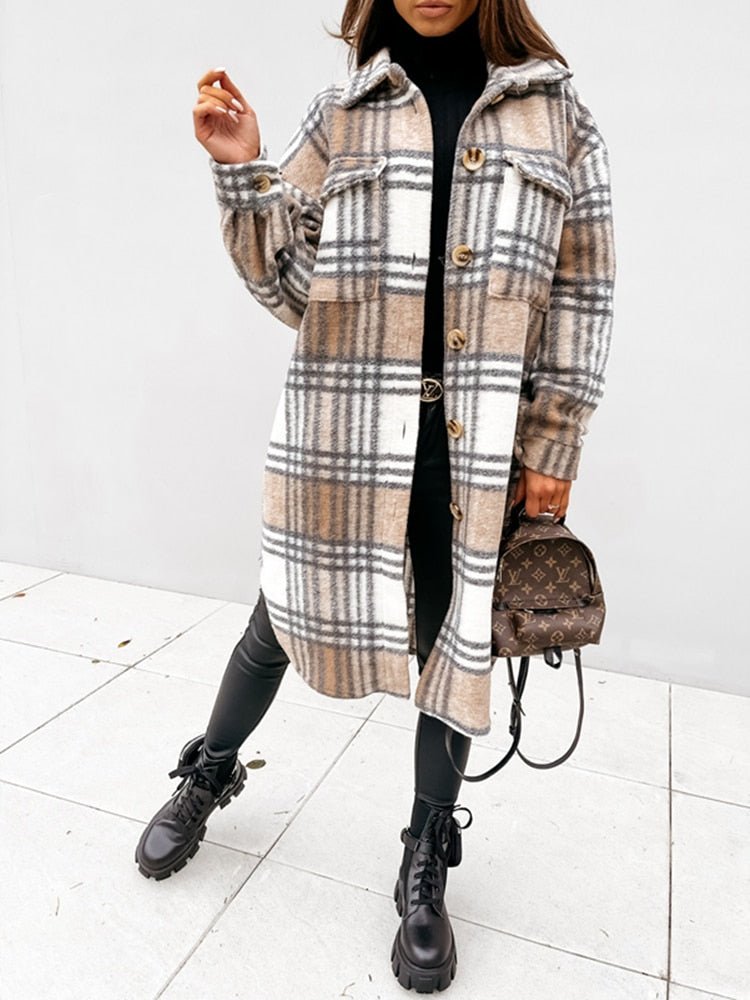Woolen Plaid Print Retro Coat - Body Central