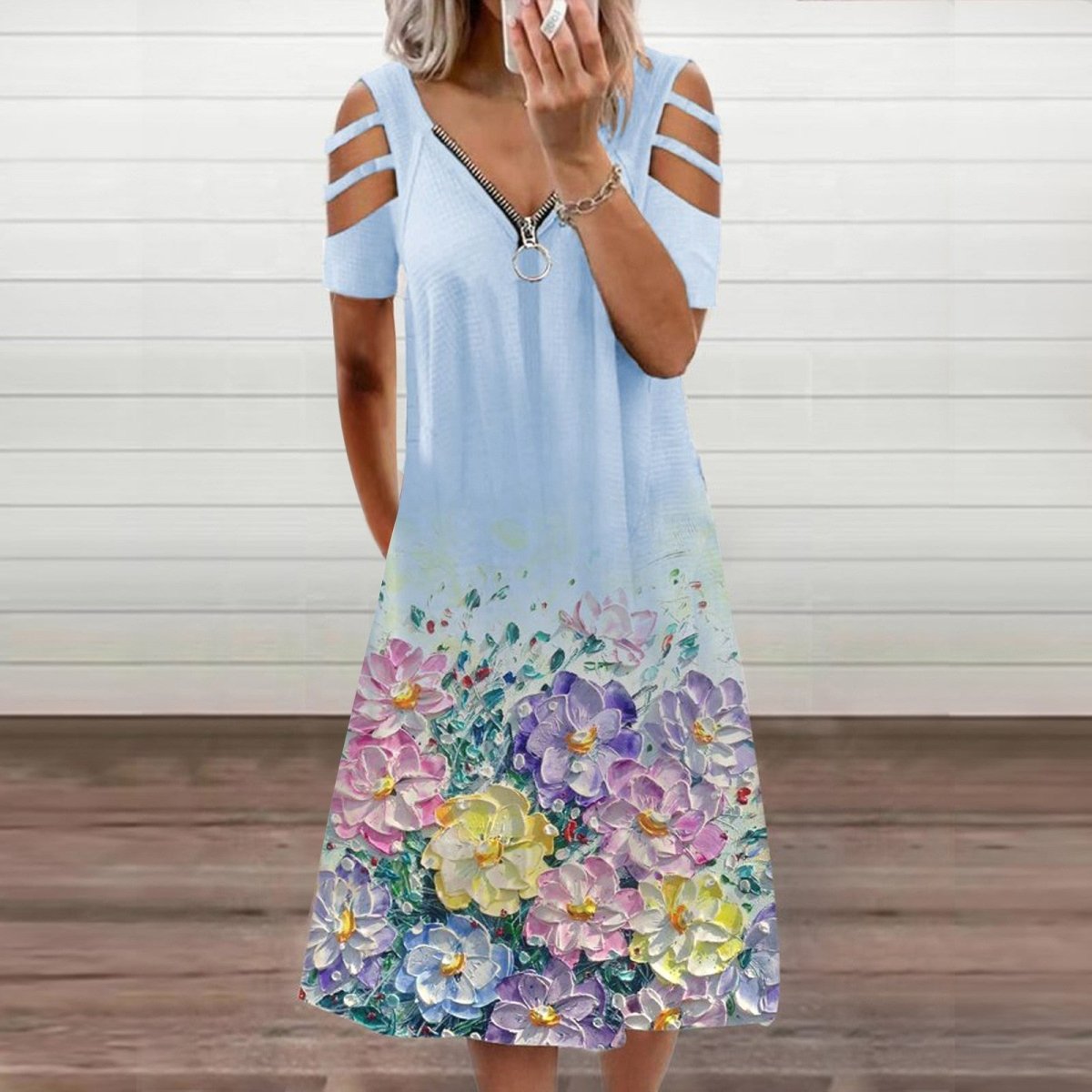 Zipper Floral Short Sleeve V Neck Hollow Out Dress - Body Central