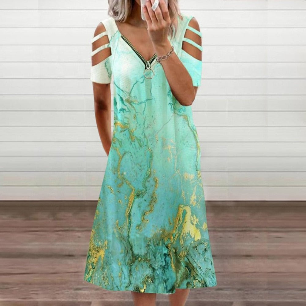 Zipper Floral Short Sleeve V Neck Hollow Out Dress - Body Central